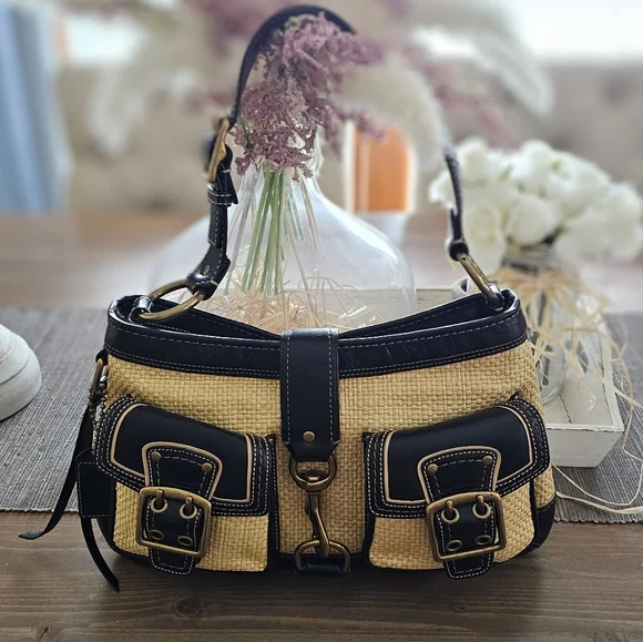 Vintage Coach Legacy Leather Trimmed Manufactured Straw Hobo Shoulder Bag - Picture 13 of 16